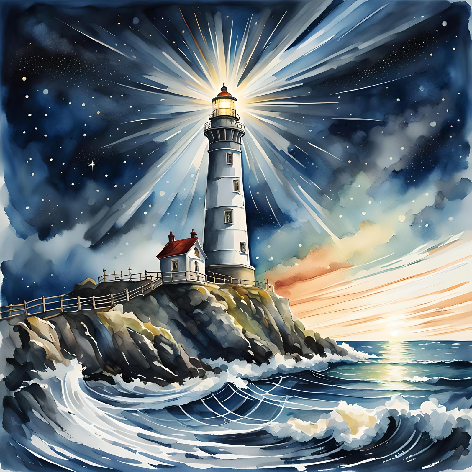 Lighthouse Beacon Against Starry Sky in Watercolor Style