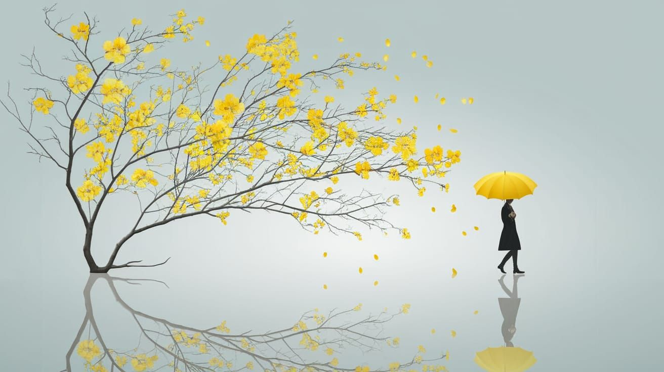 Surreal Scene of Yellow Blooms and Gentle Figure