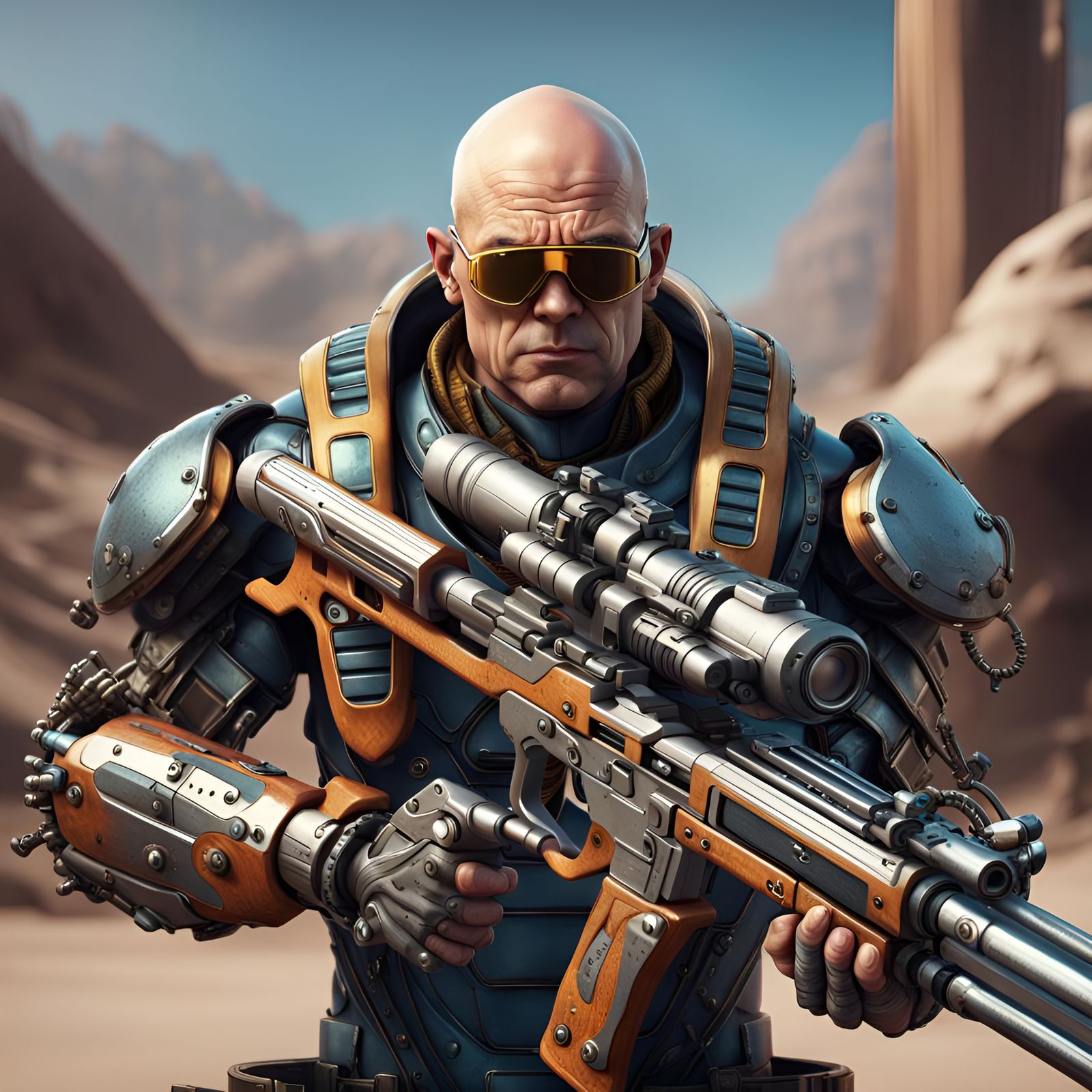 Man with Elbow Gun in High-Tech Armor