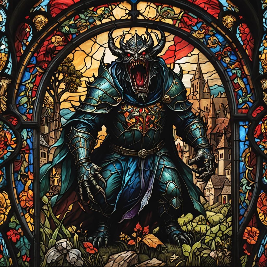 Demonic Monster Attacks Village in Stained Glass