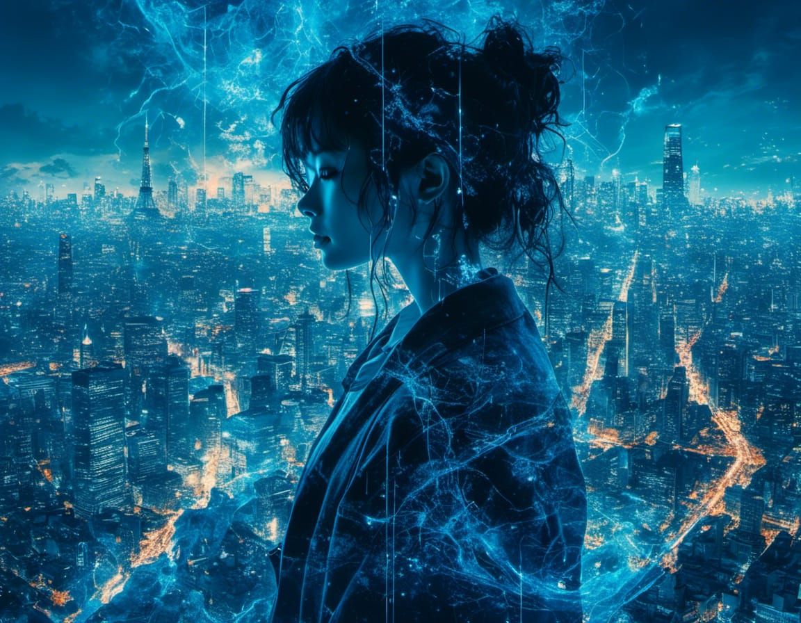 Indigo Cityscape Double Exposure in Anime Style