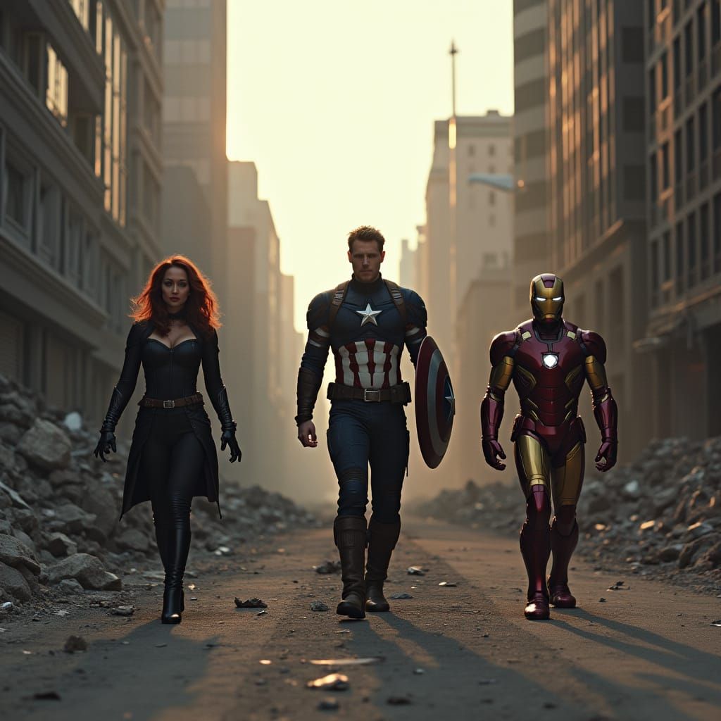 Avengers in Ruined City: Cinematic Film Still