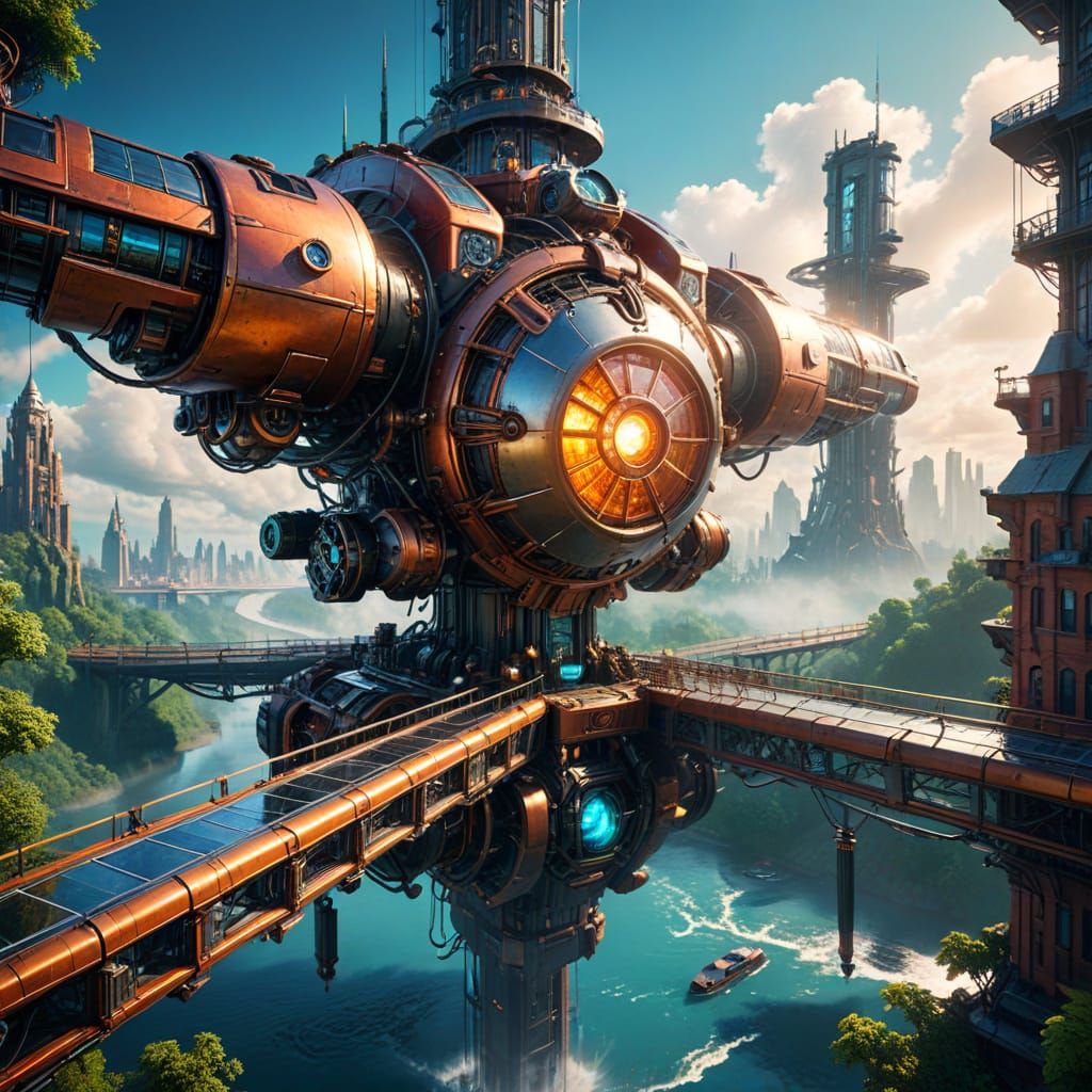 Surreal Cityscape with Forest Canopy and Radiant Bridges in ...