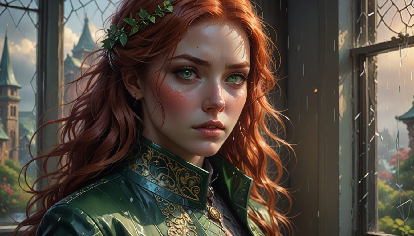 Ethereal Redhead in Rainy Twilight