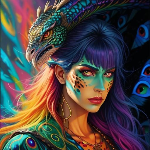 Comic Book Woman with Dragon Scales and Peacock Hair