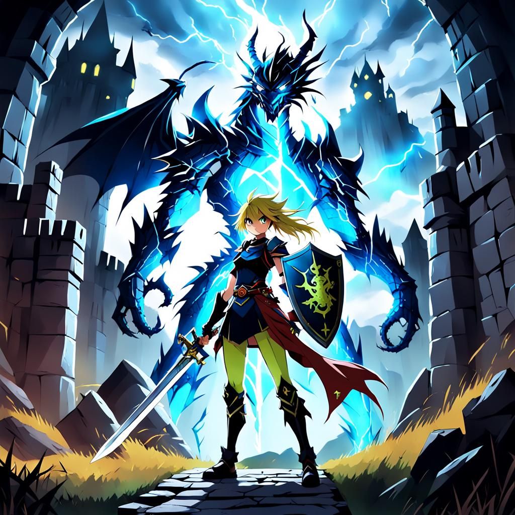 Powerful Woman with Dragon in Neon Anime Style