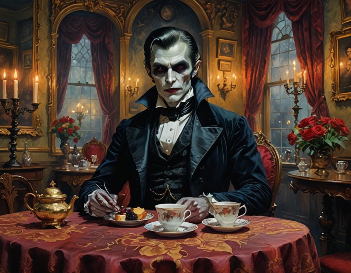 Vampire in Victorian Tea Room: Impressionist Gouache Masterp...