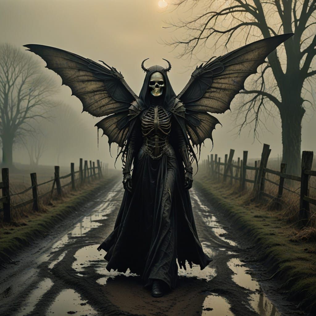 Ethereal yet Grotesque Fairy Ghoul Woman in Gothic Landscape