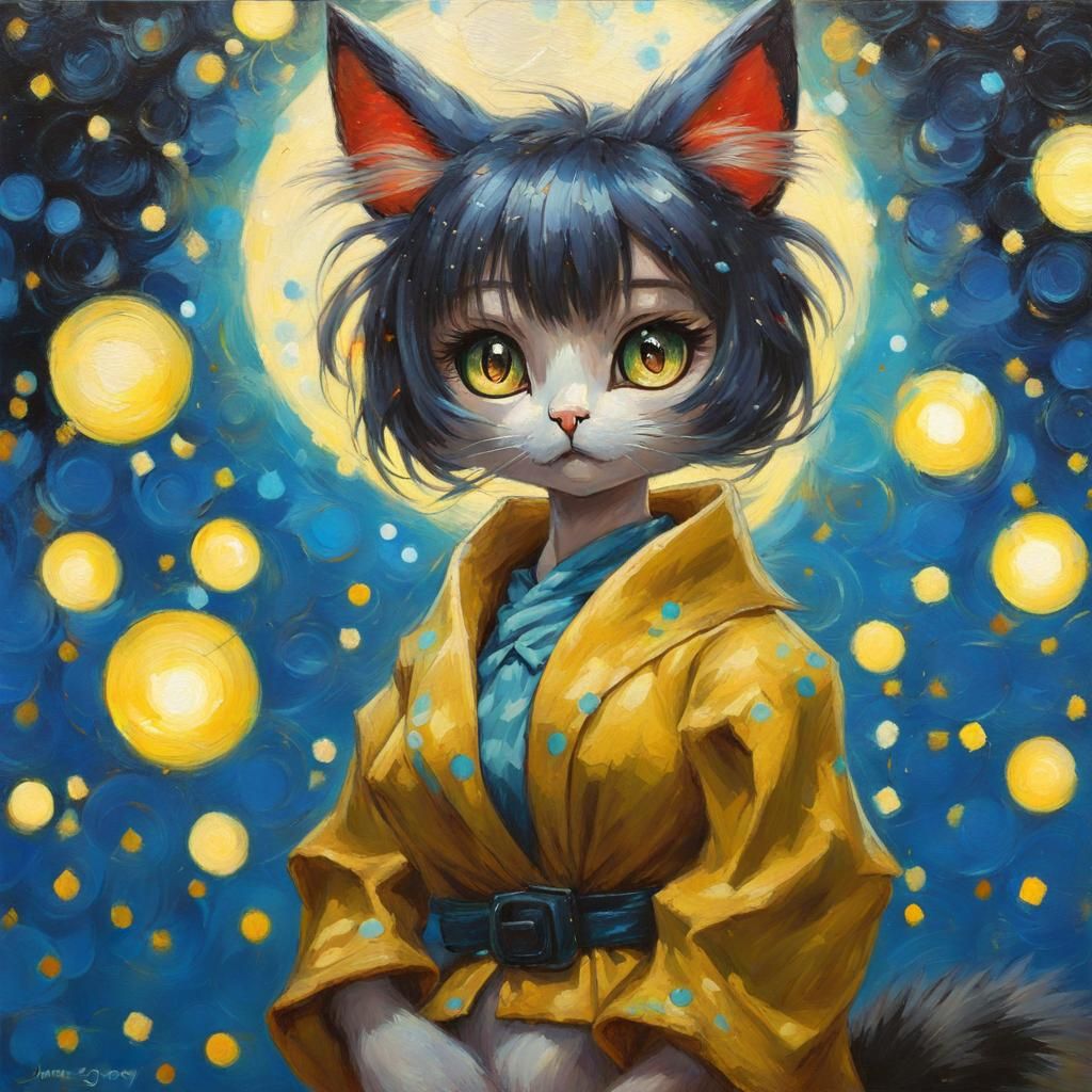 Anime Cat-Girl with Wings in Van Gogh Style