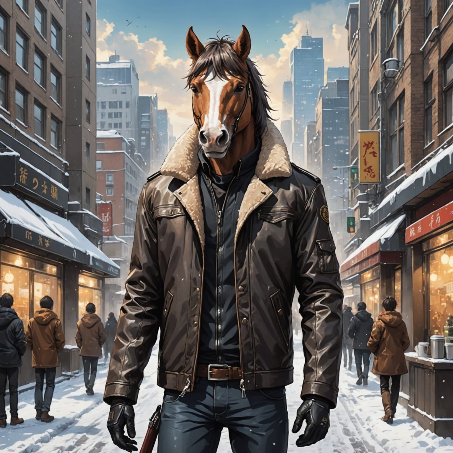 Beige Half-Horse Hybrid Stands in Winter City