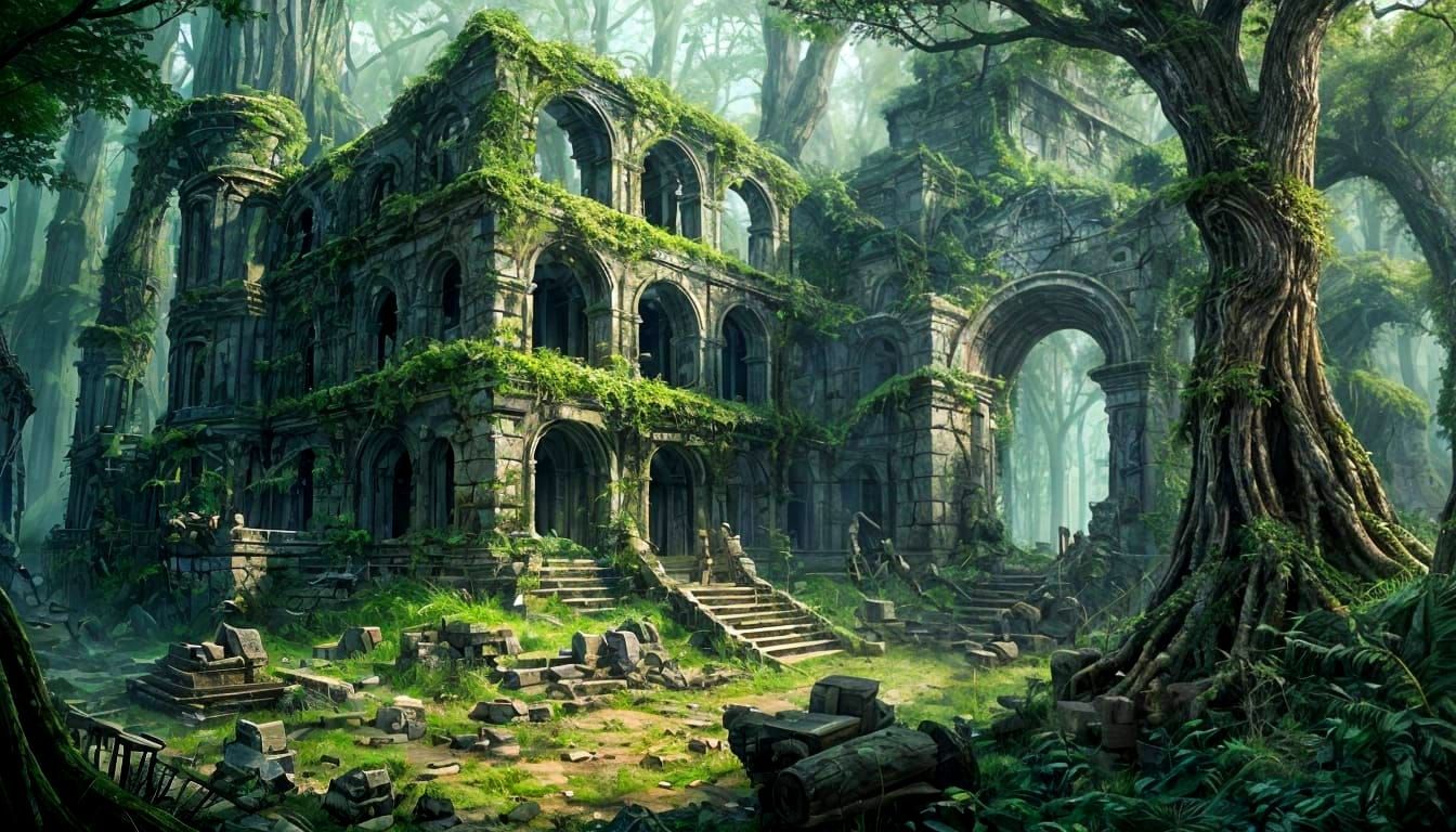 Eldritch Lost City Ruins Amidst Ancient Forest