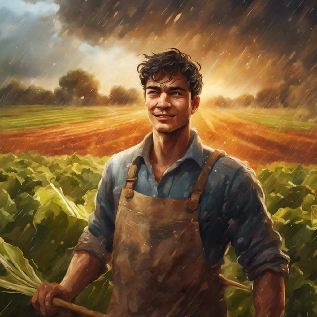 Elated Farmer in Rain: Hyperrealistic Concept Art