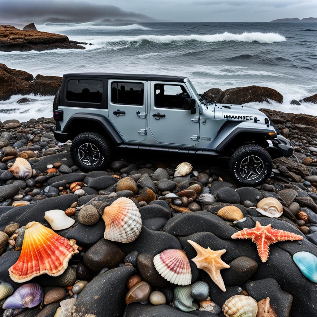 Jeep Wrangler on Rocky Beach: Coastal Exploration