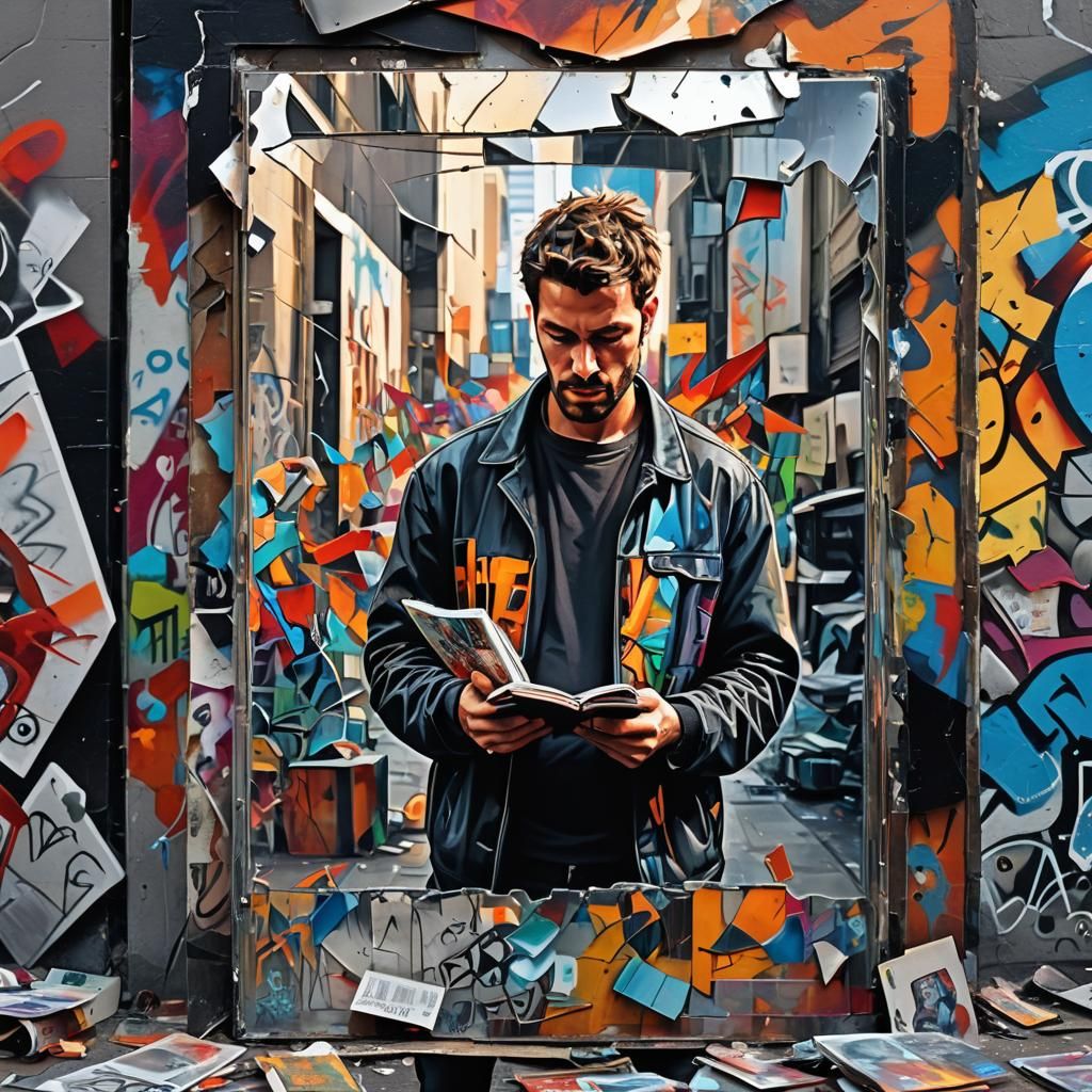 Man with Book in Graffiti Art Style