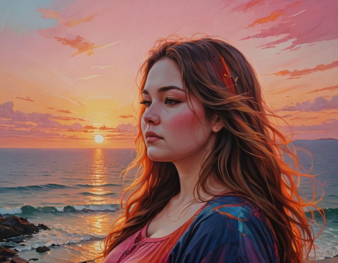 Serene Sunset Portrait of a Woman in Abstract Art