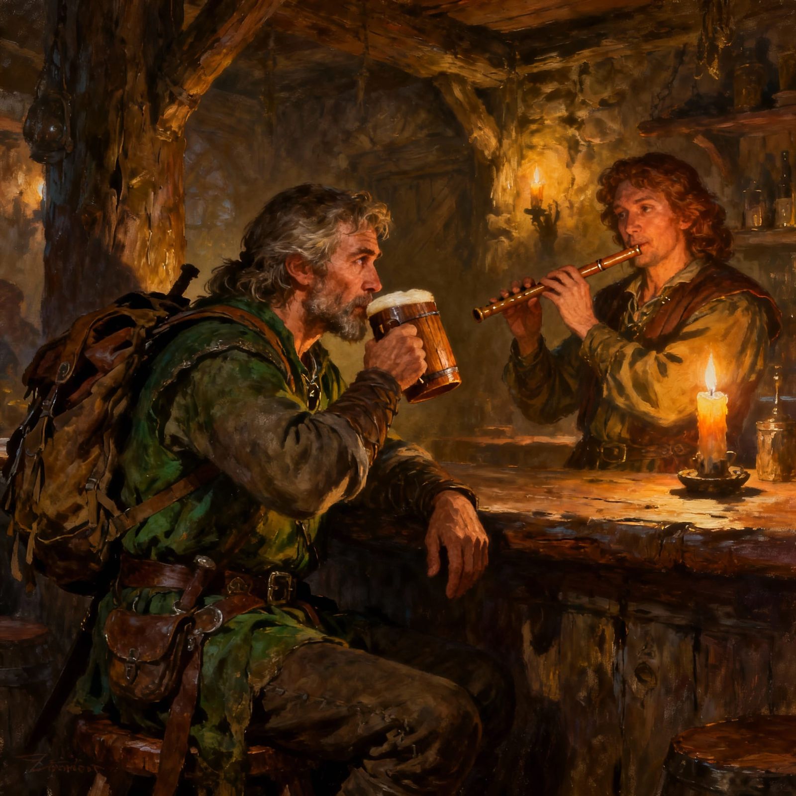 Fantasy Traveler in Candlelit Tavern
