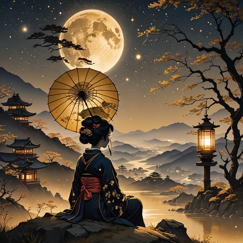 Geisha Silhouette Under Lantern in Japanese Landscape