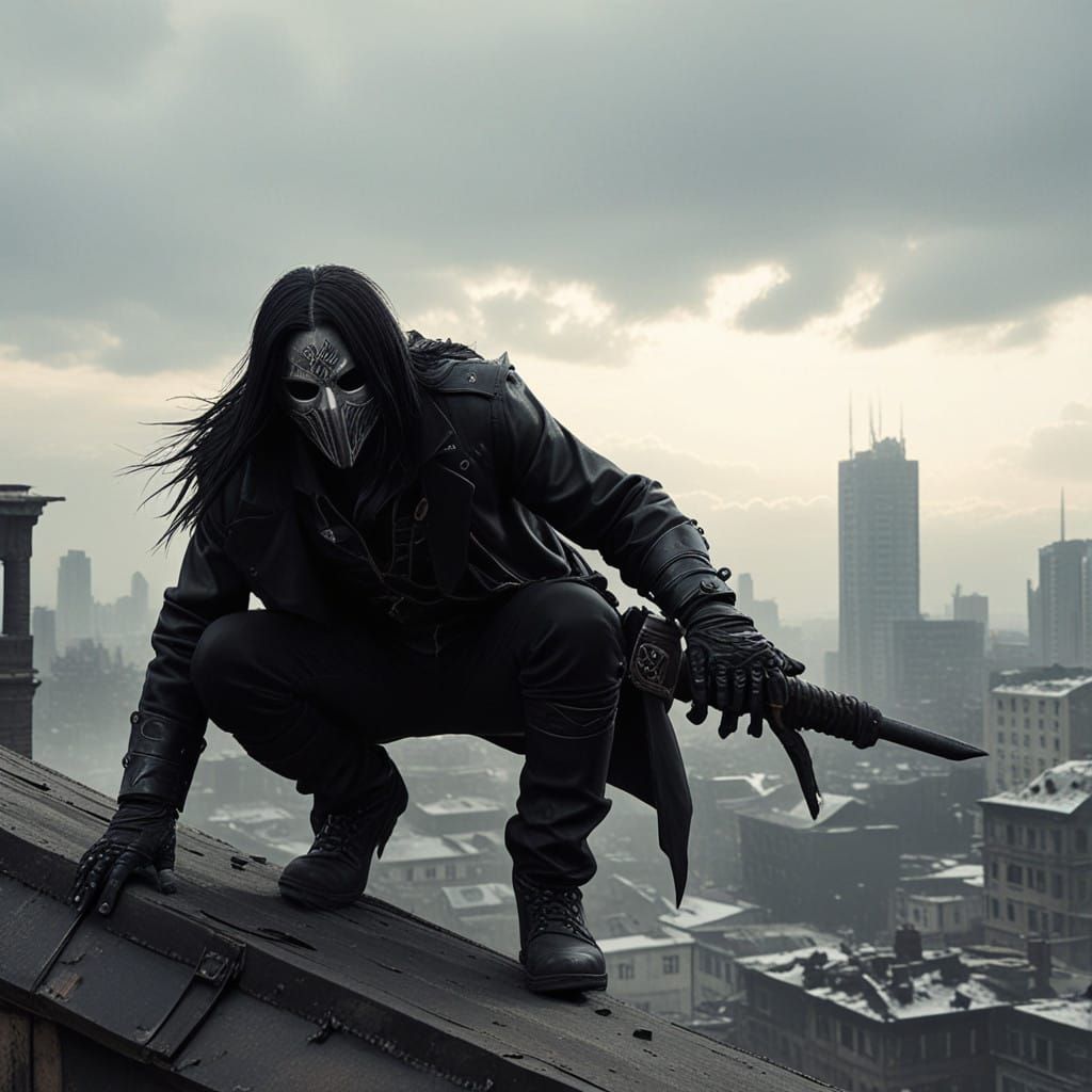 Dystopian Hunter in Ruins, Metal Mask and Black Coat