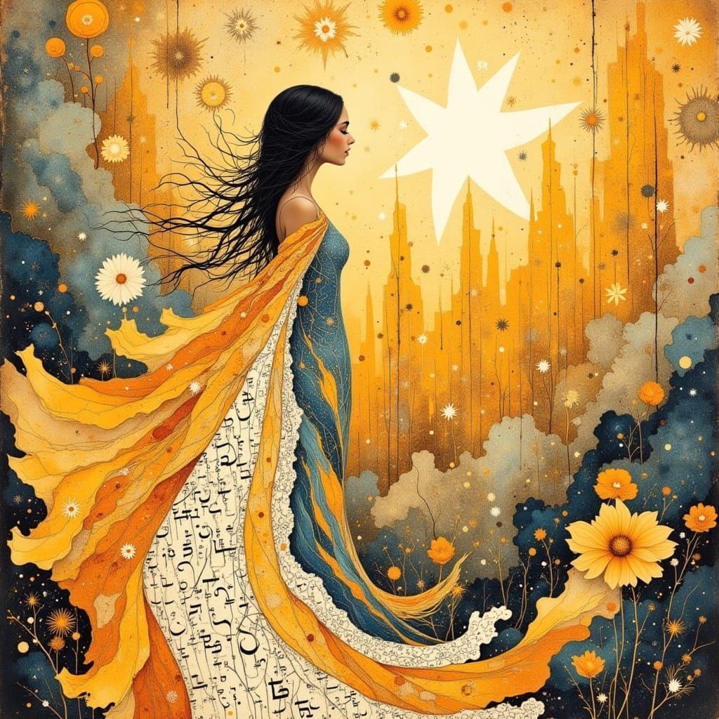 Ethereal Goddess in Whirling Lines and Ancient Script