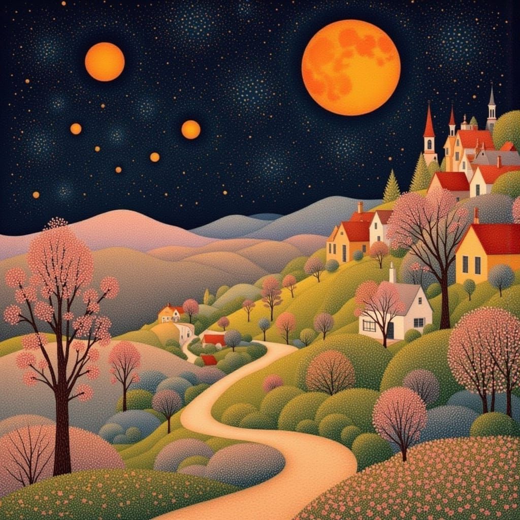 Whimsical Village Under Luminous Moons in Pointillist Style