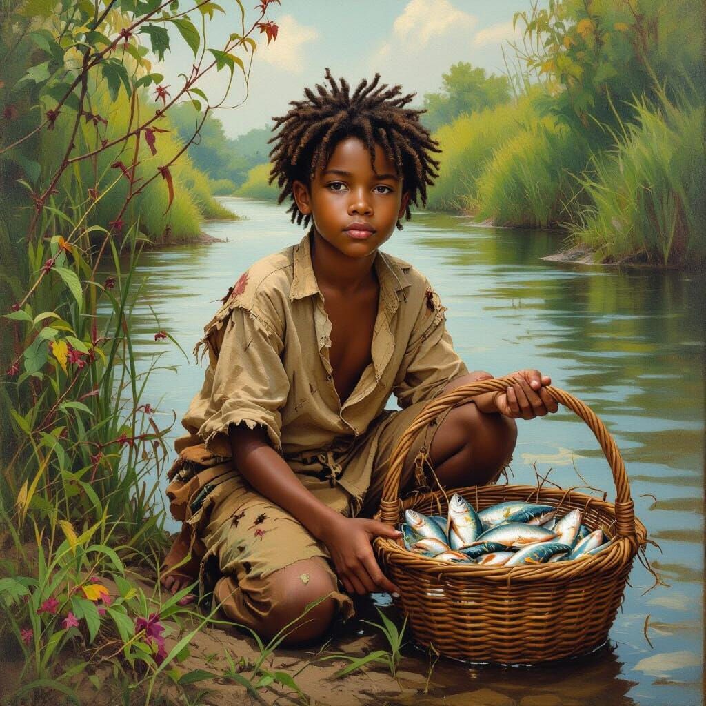 Melanated Boy with Fish on Riverbank, Expressive Brushstroke...
