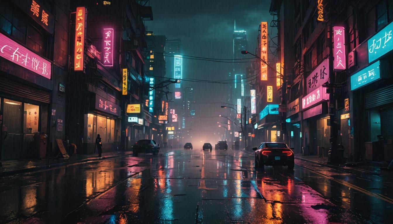 Neon Reflections in Cyberpunk City Rain