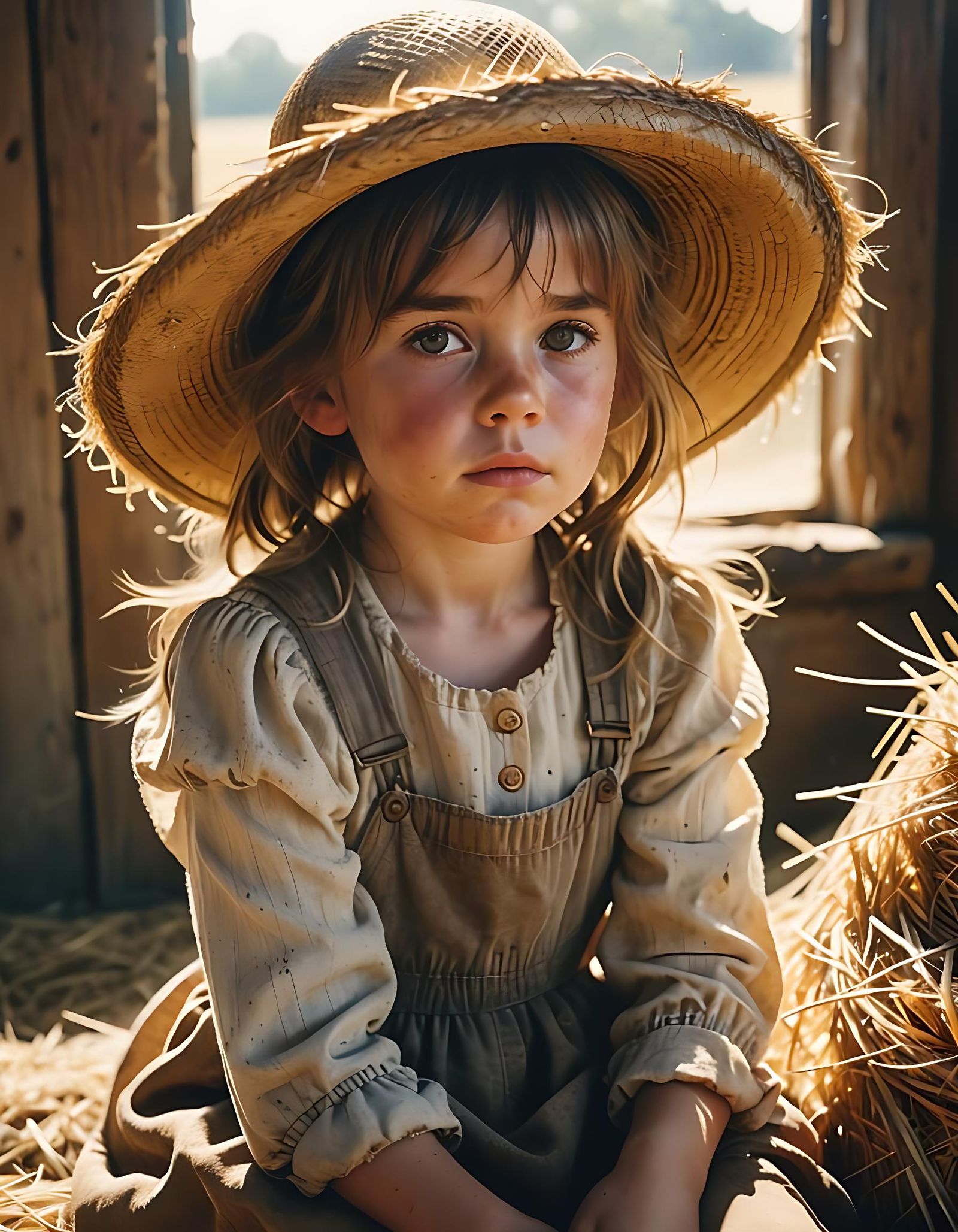 Sad Girl in Straw Hat, Hyperrealistic Cinematic Style