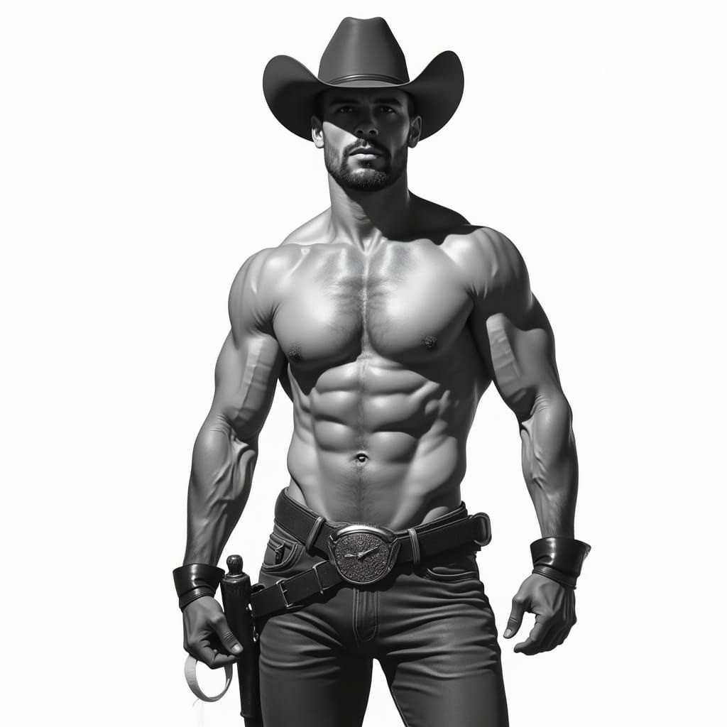 Muscular Cowboy Illustration in Sensual Black and White