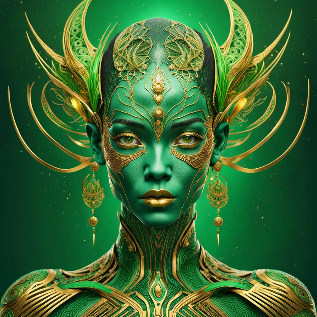 Abstract Fashion Portrait of Green Humanoid Woman