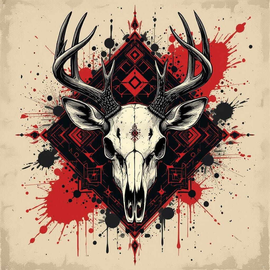 Deer Skull with Geometric Patterns in Trash Polka Style