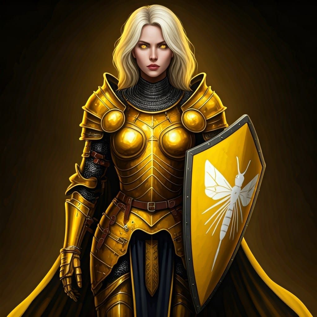 Female Knight in Yellow Armor with Wasp Shield