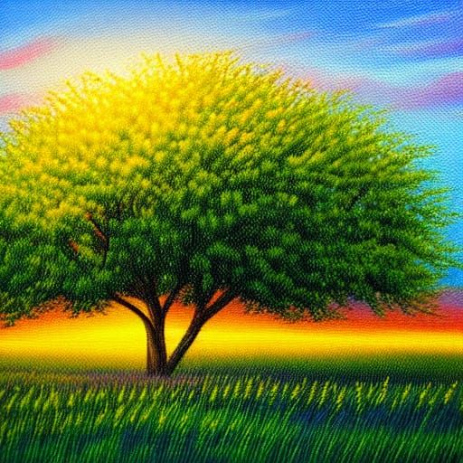 Golden Acacia Tree in Oil Painting Style