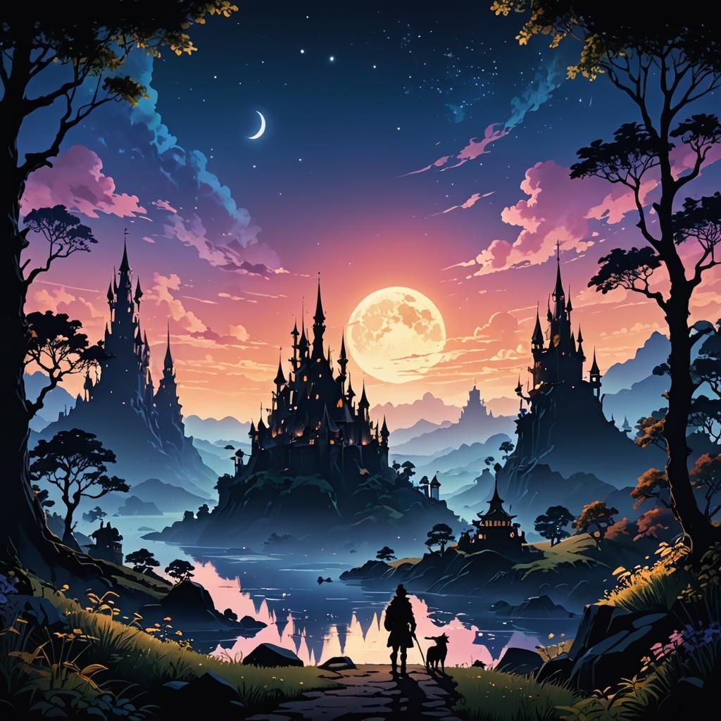Silhouette of a Magical Realm at Night