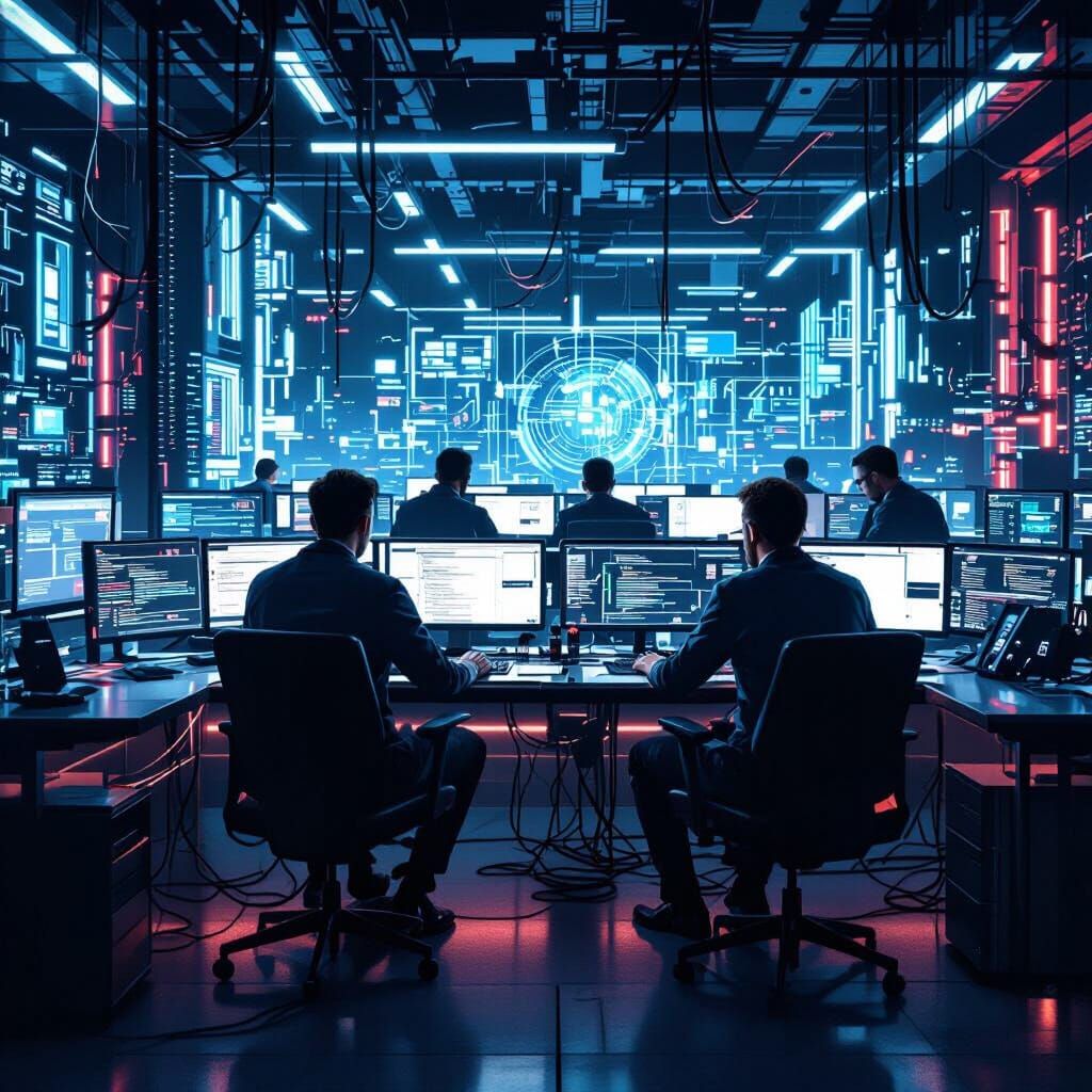 Cyberpunk IT Network Admins in Secure Futuristic Environment