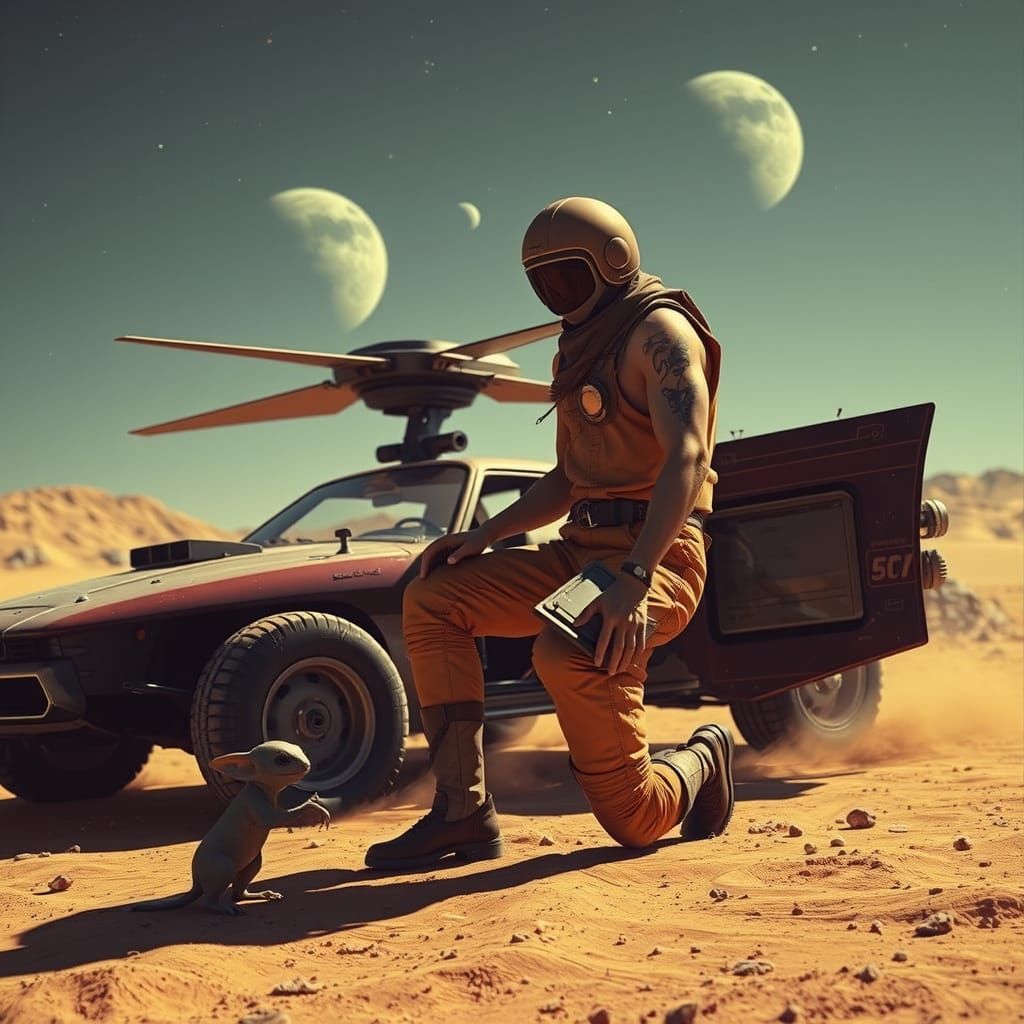 Space Cowboy Repairs Hovercar on Alien Planet