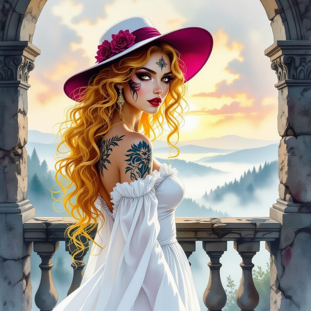 Vampire Woman on Balcony in Alcohol Ink Style