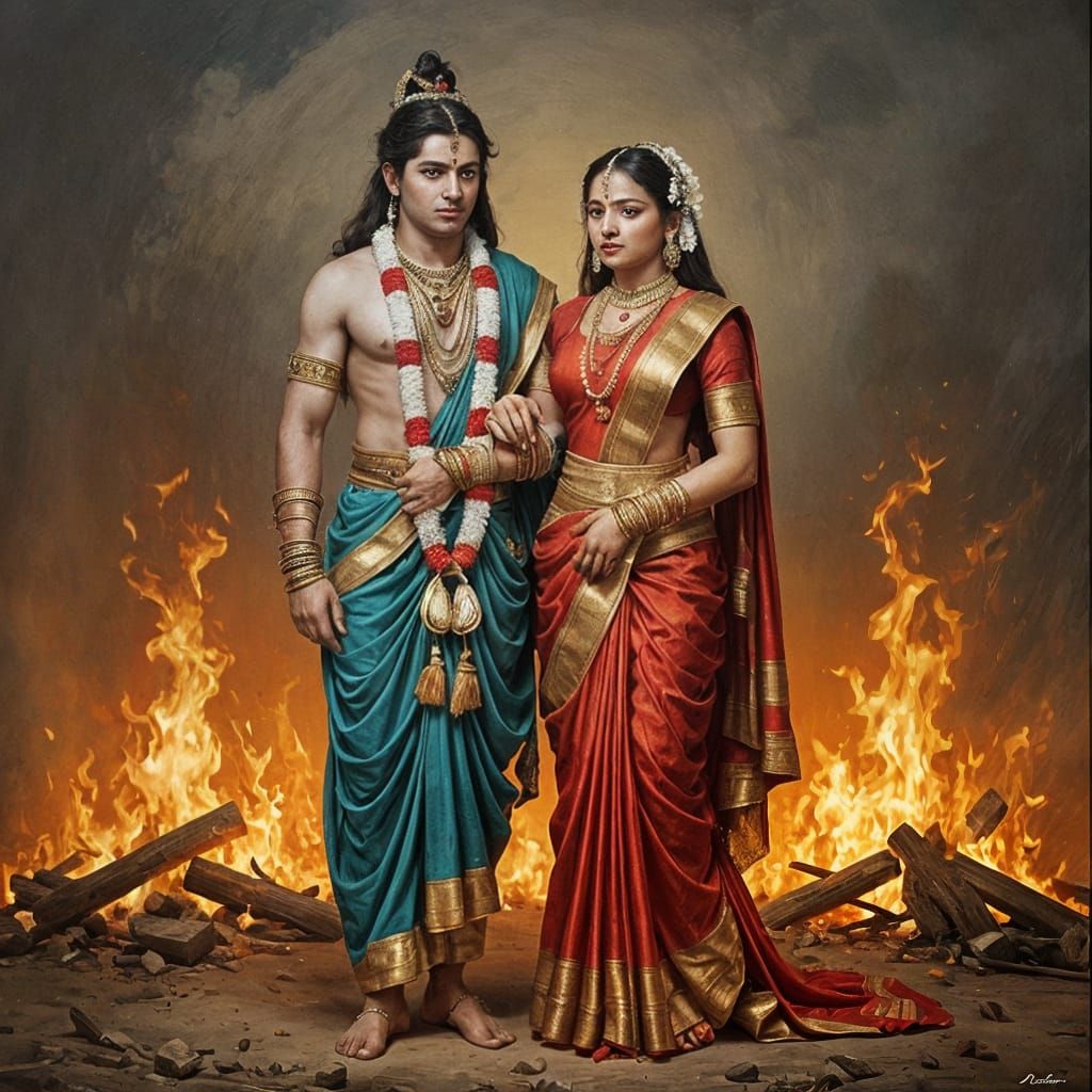 Lord Rama and Sita in Classic European Style Painting
