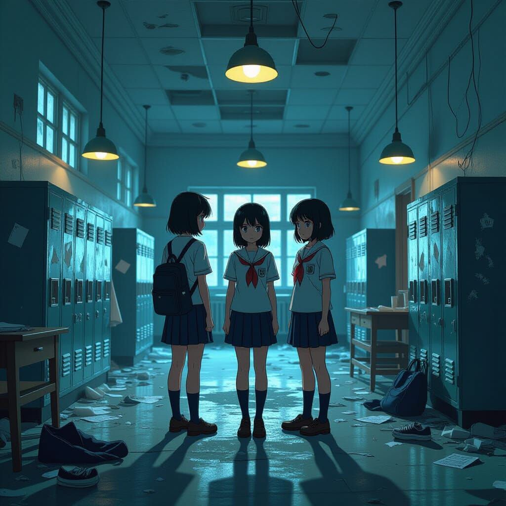 Eerie School Hallway in Dark Anime Style