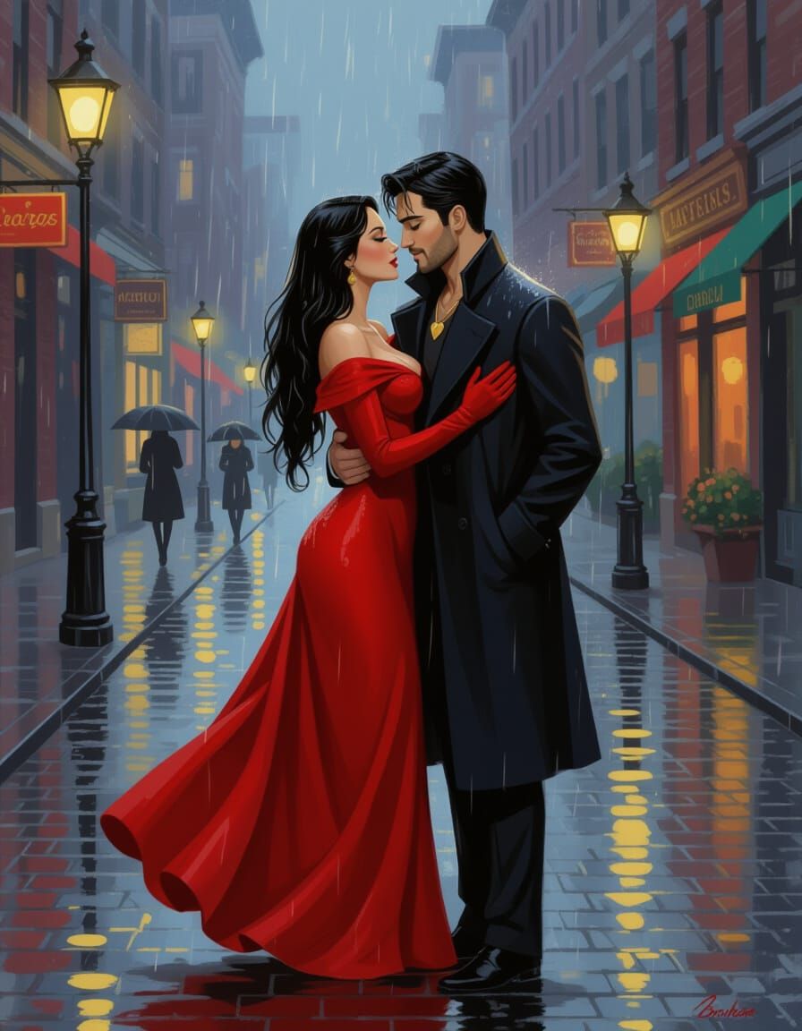 Dreamlike Woman in Red on Rainy 20th Century Manhattan Stree...