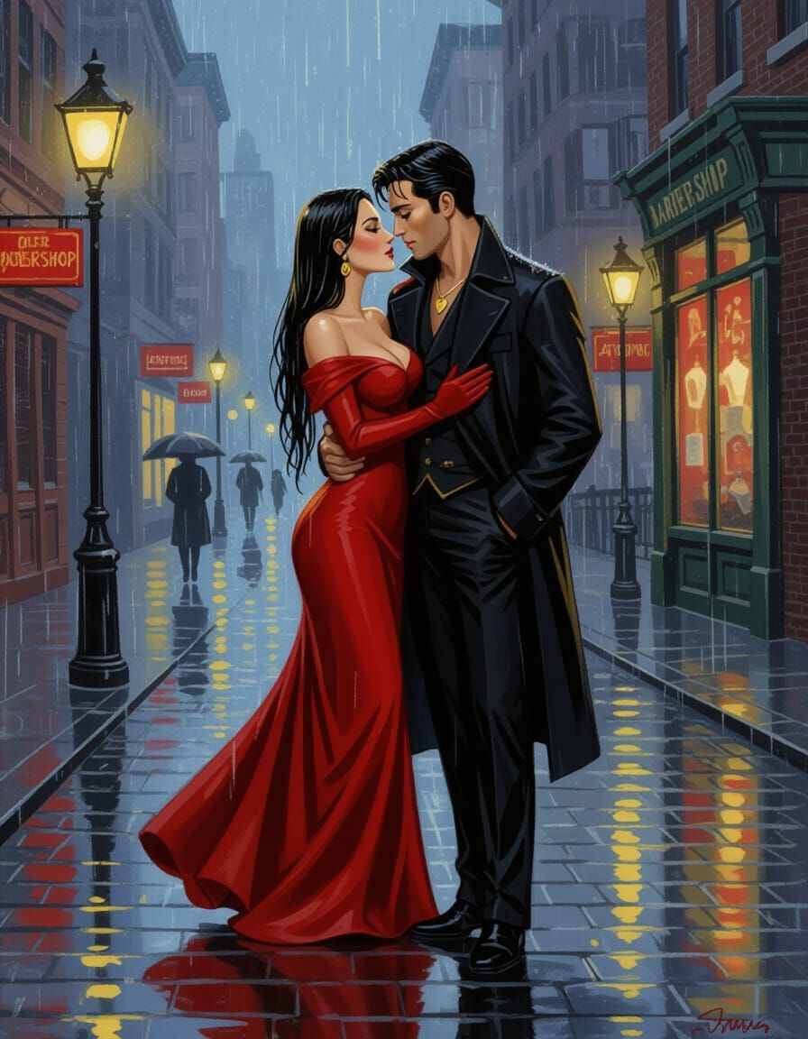 Dreamlike Woman in Red Dress Embraces Lover on Rainy 1920s M...