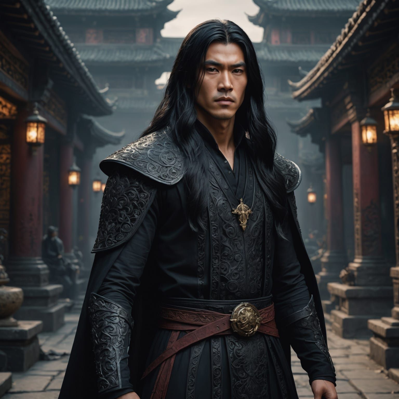 Asian Man in Black: Detailed Fantasy Concept Art
