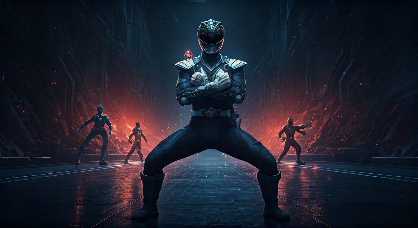 Epic Power Rangers Scene in Neon Cyberpunk Style