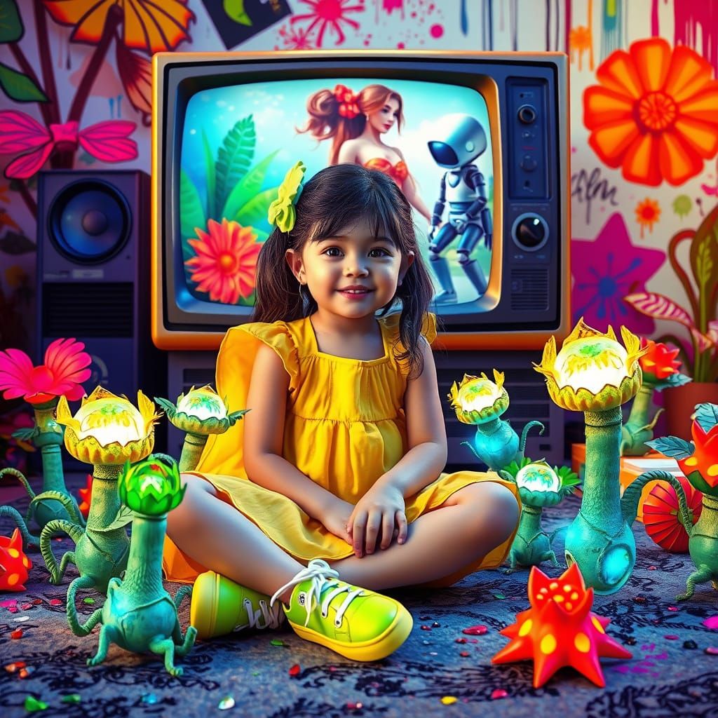 Whimsical Girl Surrounded by Magical Garden Creatures in Fro...