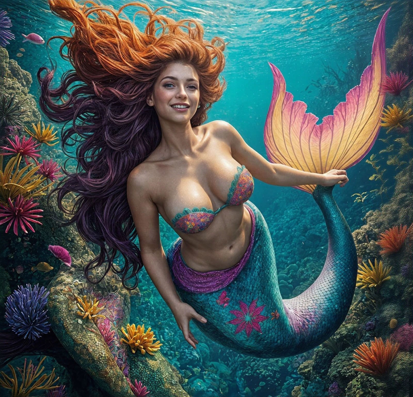 Beautiful Mermaid Swimming in Vibrant Underwater Scene