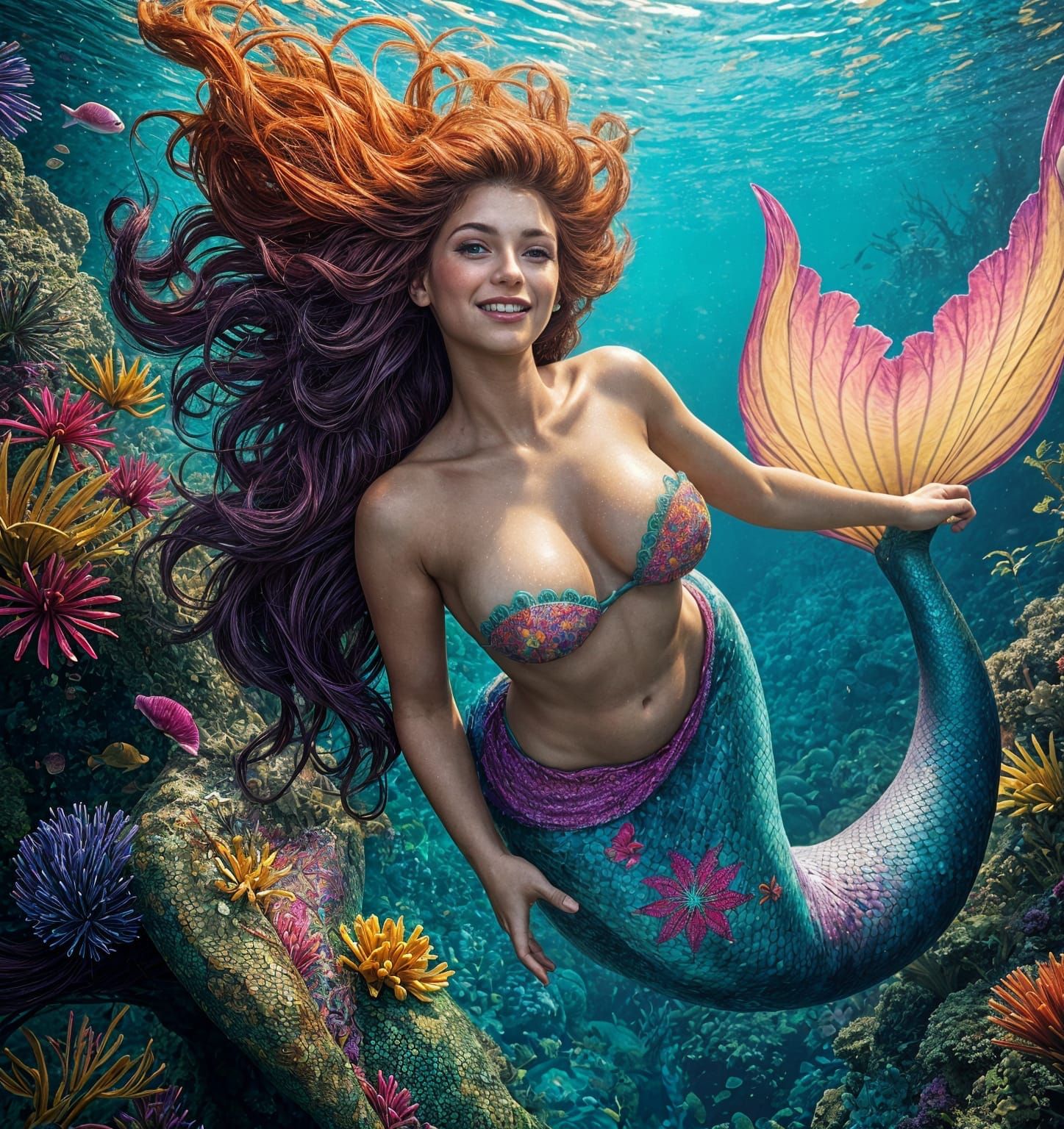 Hyperrealistic Mermaid with Vibrant Tail and Intricate Hair