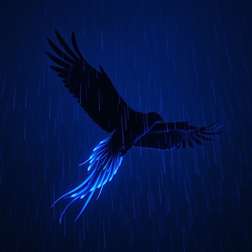 Dark Phoenix Soars Through Stormy Sky with Glowing Neon Rain