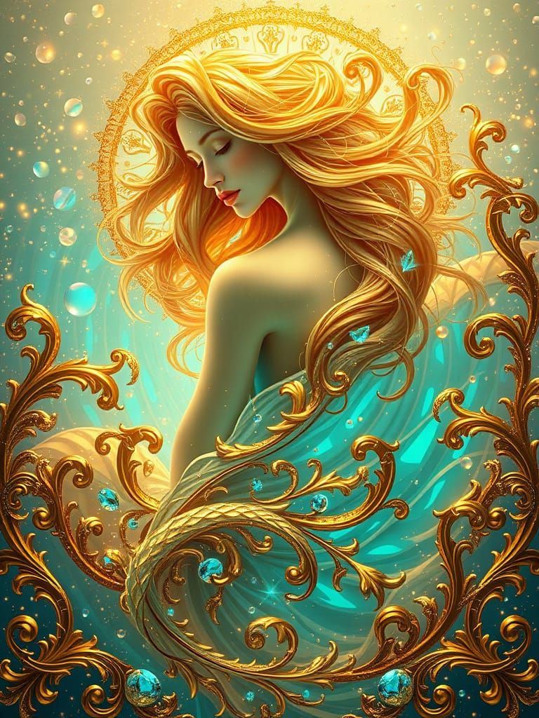 Ethereal Woman with Golden Waves in Baroque Style