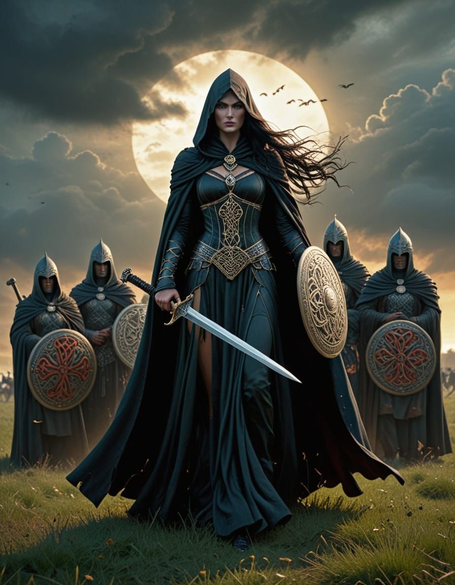 Morrigan, Celtic Goddess of War, Surrounded by Warriors