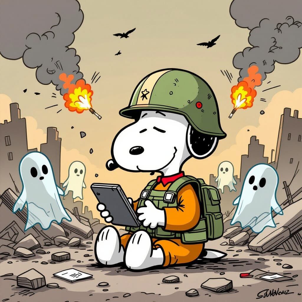 Snoopy as War Correspondent Amidst Explosions