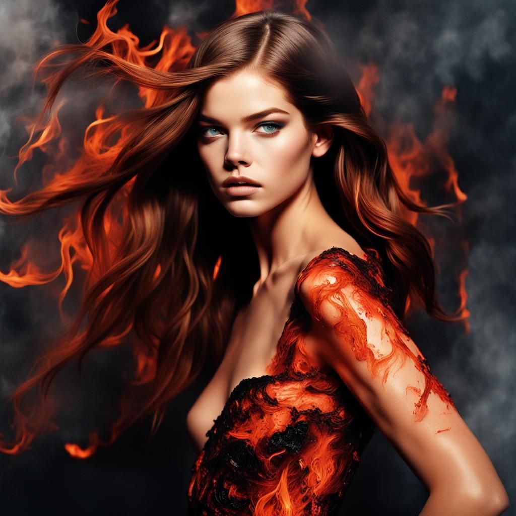 Ember Goddess in Fiery Surrealist Landscape